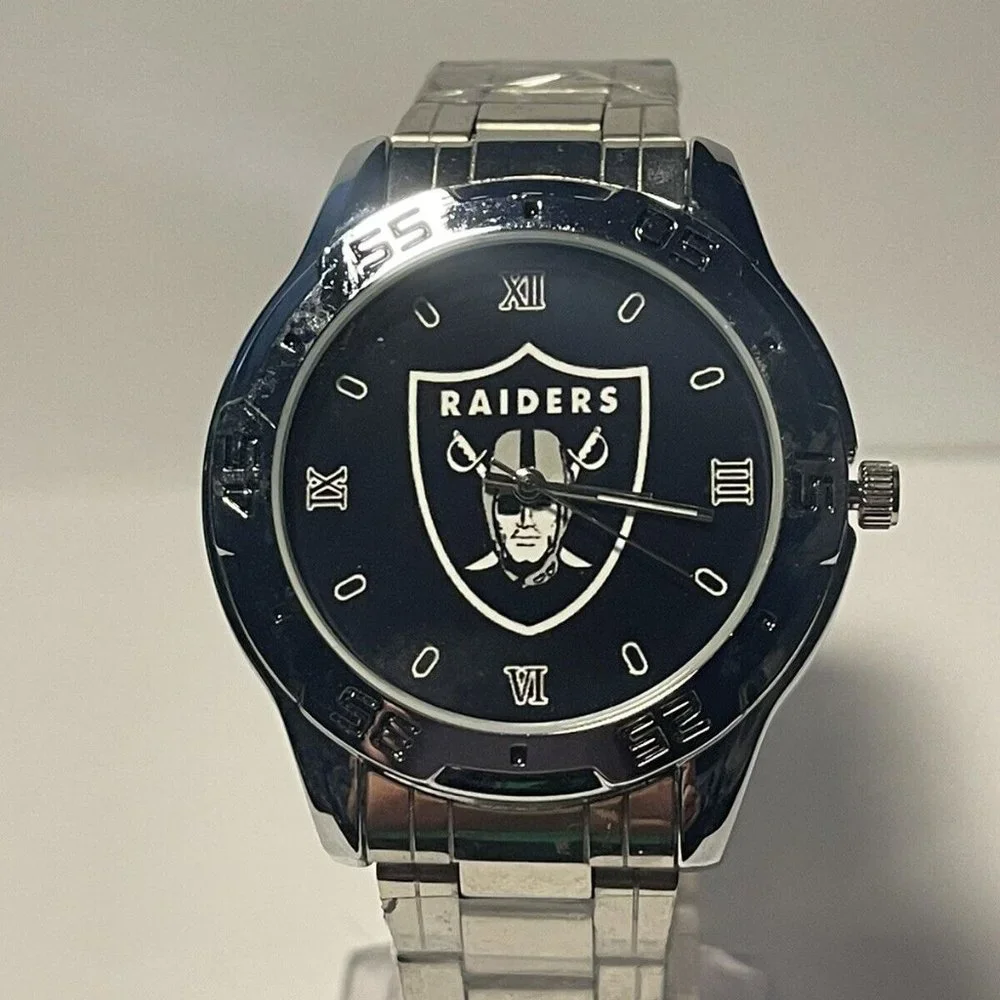 Oakland Raiders NFL Team Logo Stainless-Steel Link Silver Men's Watch NEW